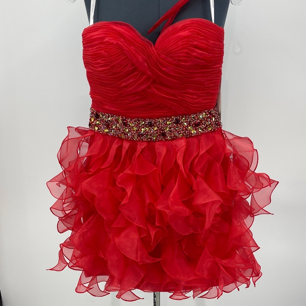 Sherri Hill Red Strapless Ruffled Mini Dress with Beaded Waistband